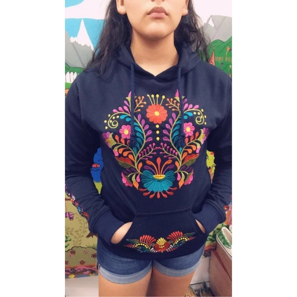 Mexican Floral Embroidered Hoodie Black - Picture 3 of 5